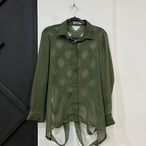 Grunge Green Lattice Cutout Long Sleeve Sheer Button Up Blouse Top Size Small